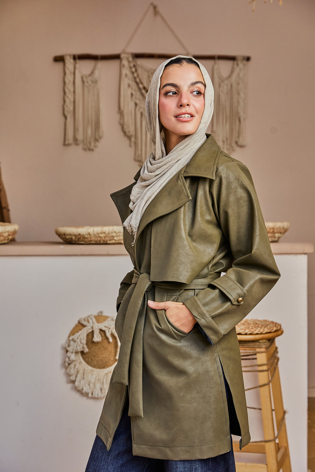 The Classic Leather Coat - Olive