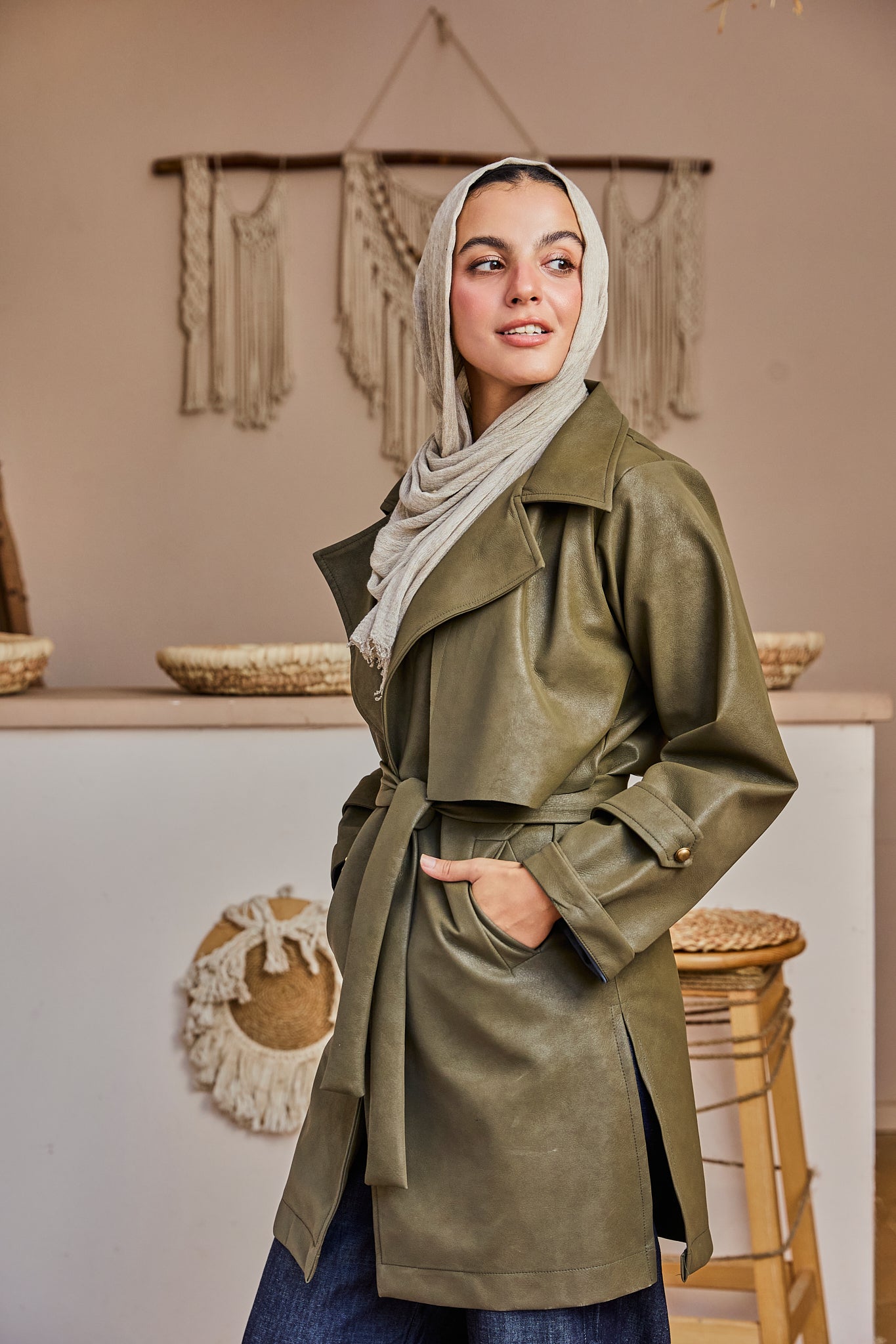 The Classic Leather Coat - Olive