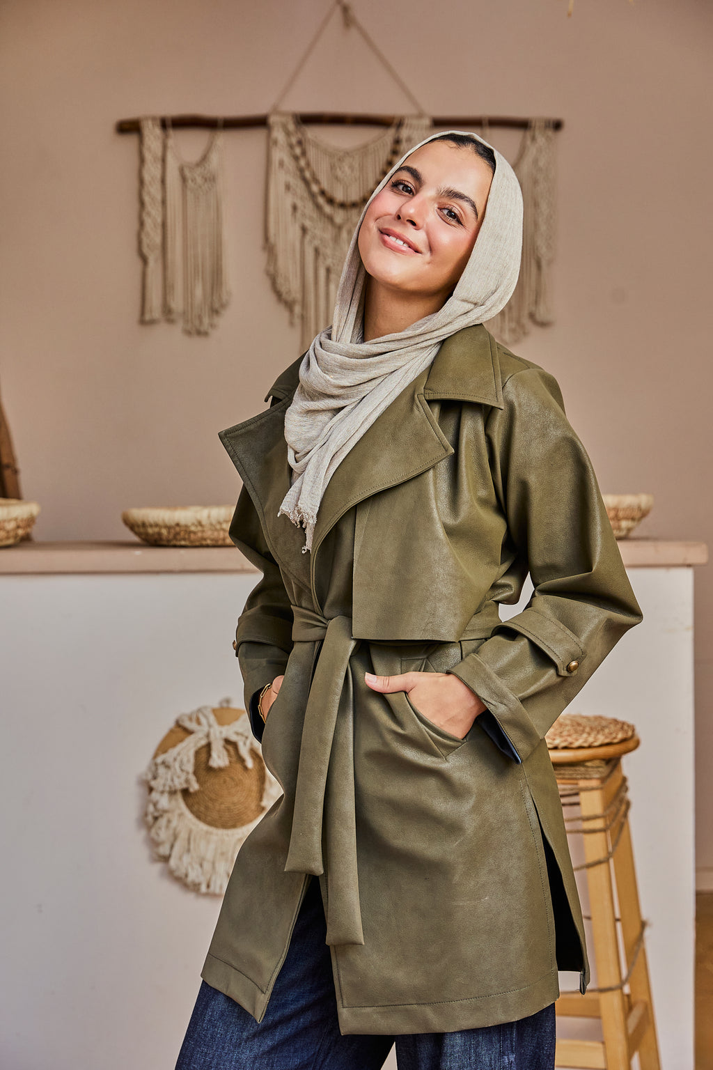 The Classic Leather Coat - Olive